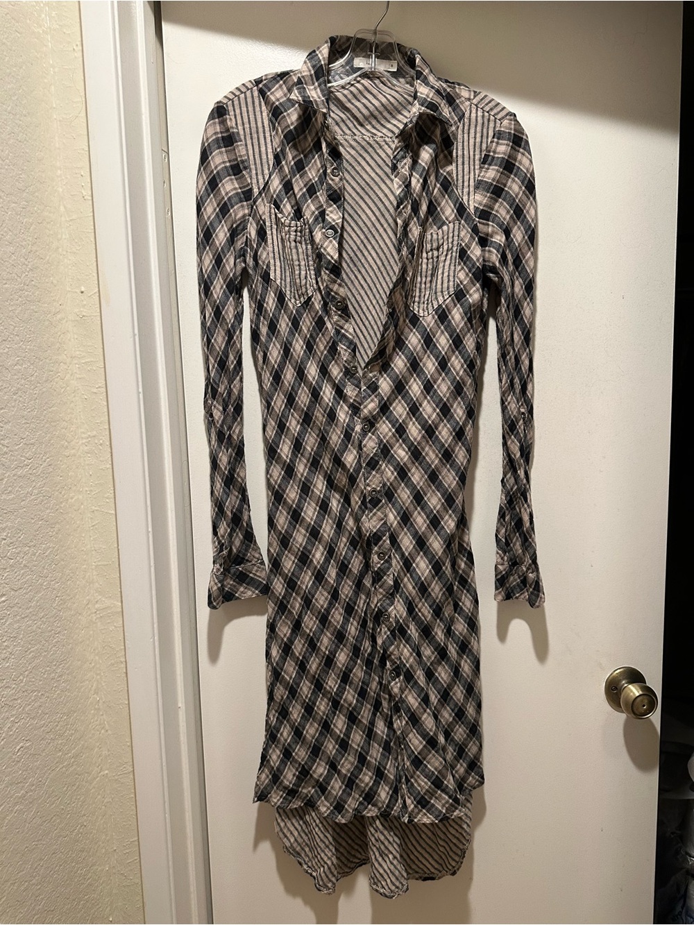 hazel Long-Sleeve Plaid Button Shirt Dress - Black & Cream Size Small